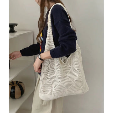 Qfdian Women Handbag Summer Hollow-out Bead Tote Bag Bucket Shoulder Bag Female Reticulate Netted Canvas Beach Handbag